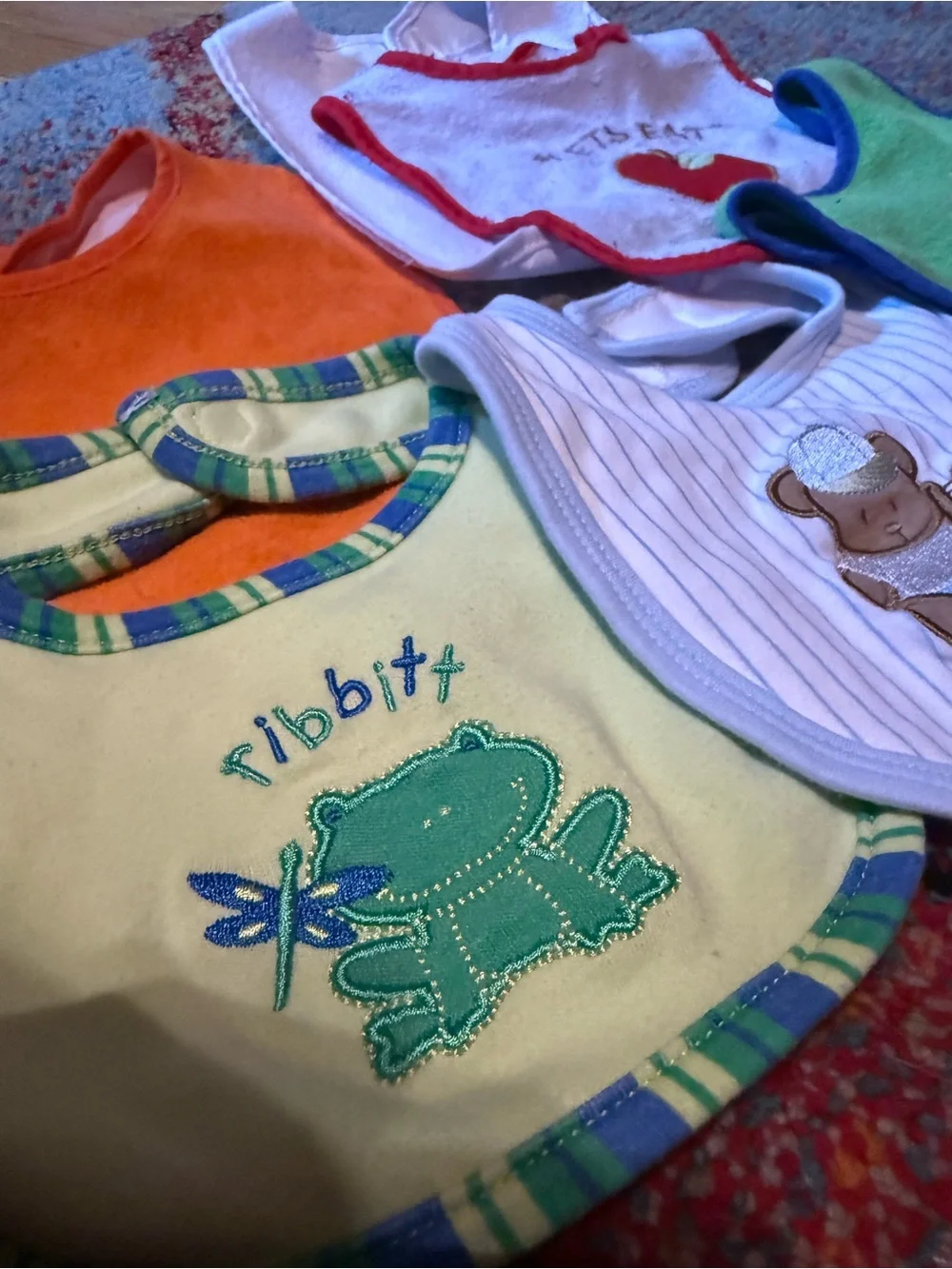 Lot of Baby Bibs / 6 Gender Neutral Bibs Baseball Bib / Frog Bib / Sweet set